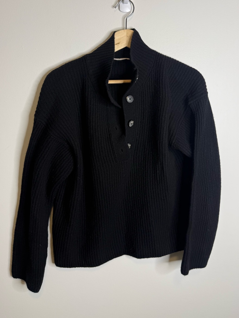 Everlane Black Ribbed Button-Neck Sweater collar wool blend small top